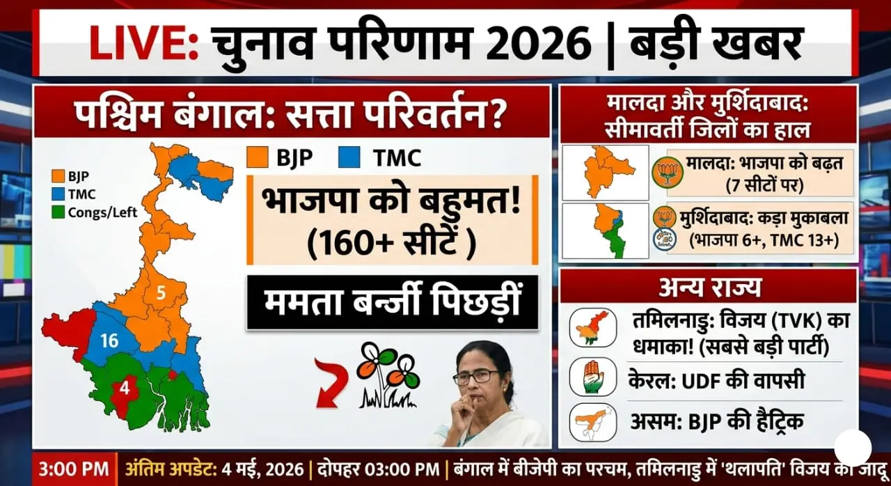 महामुकाबला 2026: बंगाल में BJP की ऐतिहासिक बढ़त,TMC पिछे; मालदा-मुर्शिदाबाद में कांग्रेस के गढ़ ध्वस्त